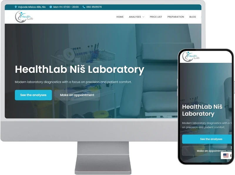 HealthLab Ni&scaron; medical laboratory website shown on desktop and mobile