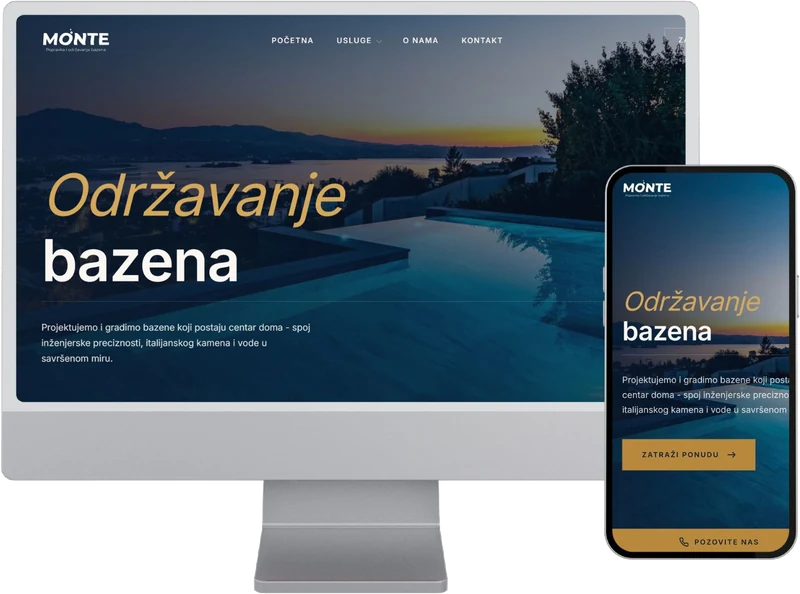 Monte swimming pool company website shown on desktop and mobile