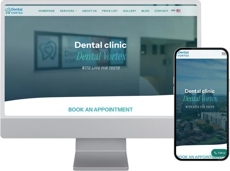 Dental Vortex dental clinic website shown on desktop and mobile