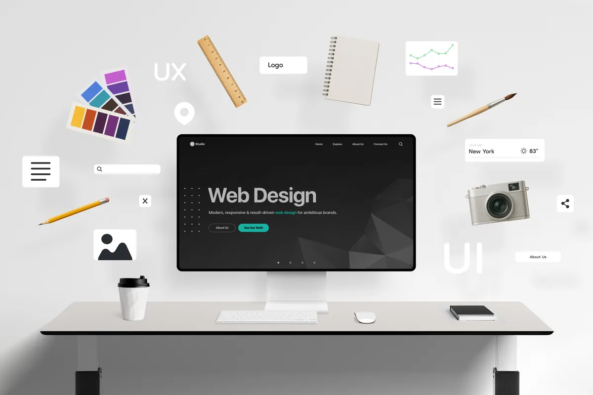 Web design workspace with a desktop monitor showing a website homepage, surrounded by colour swatches, UI buttons and design tools